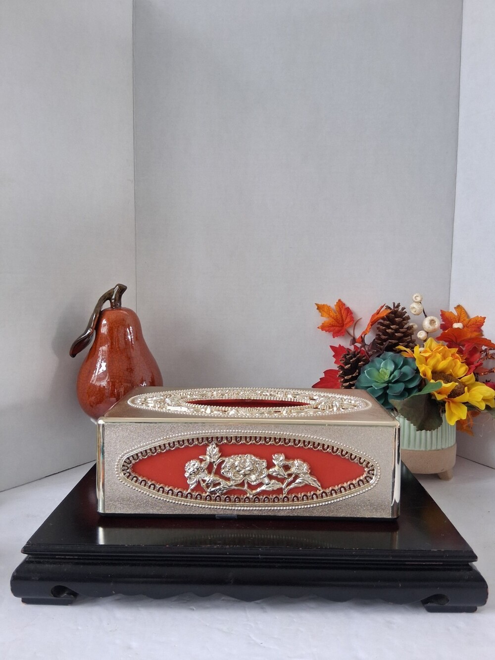 Vtg 1960s Hollywood Regency Tissue Box Cover Silver Filigree Red Flocked MCM